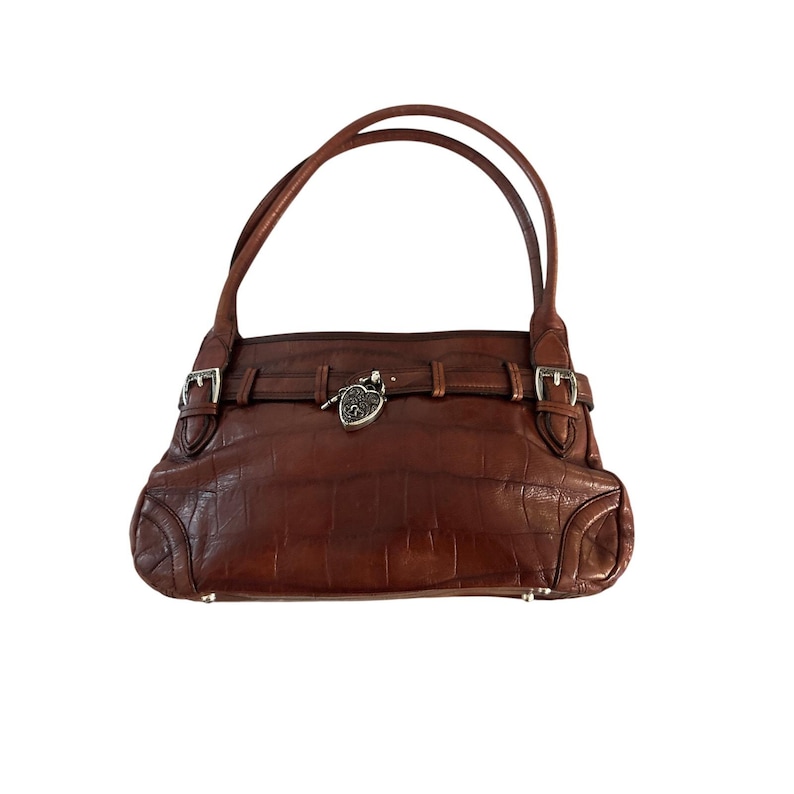 Vintage Brighton Brown Croc Embossed Leather Satchel Heart Lock Double Handle image 1