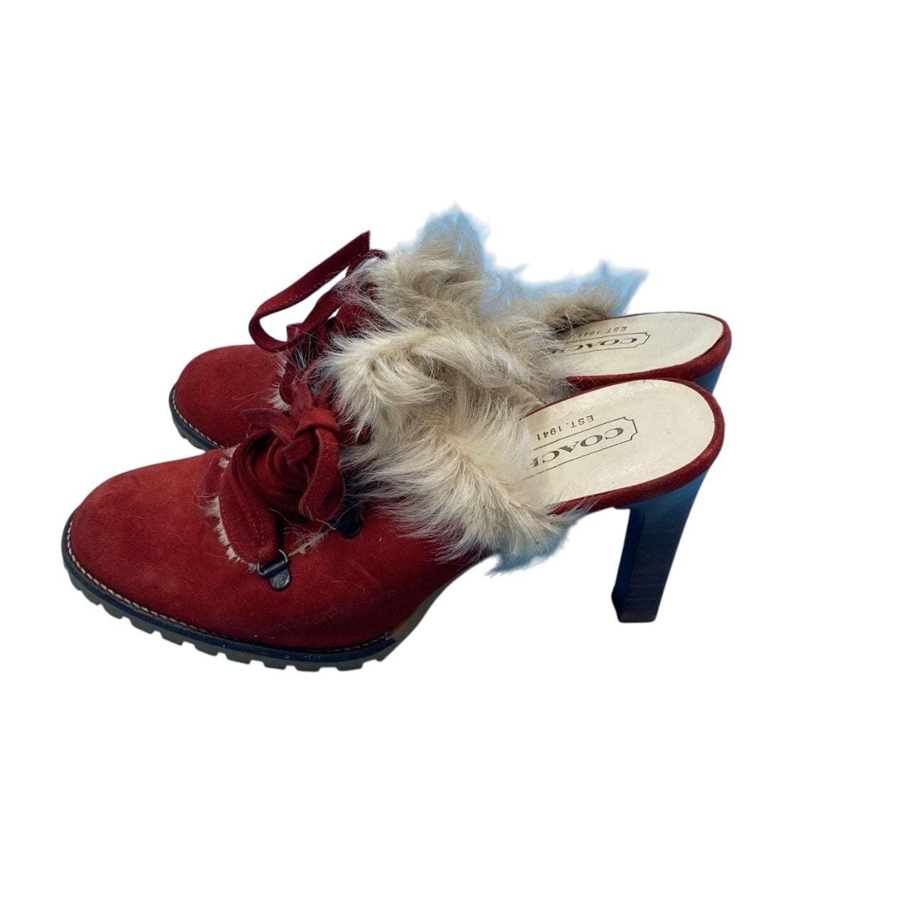 Vintage Coach Kristy Red Suede Shearling Mule Heels Made in Italy
