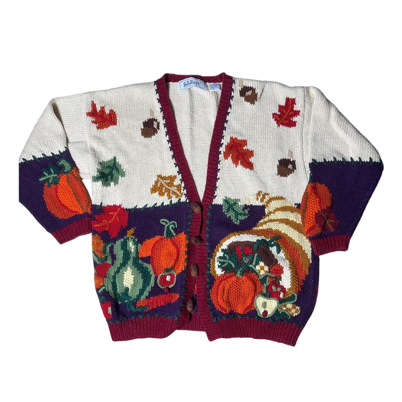 45874★年 ヴィンテージ 70s BELL HELMETS セーター ニット Vintage Bellepoint Pumpkin Harvest Cardigan Sweater Acorn Buttons
