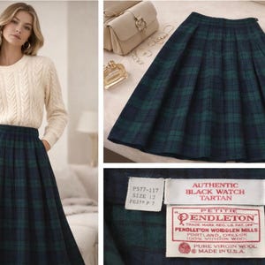 May include: A black watch tartan pleated skirt. The skirt features a green and navy blue plaid pattern. The skirt is made of wool. The label reads "Authentic Black Watch Tartan". The skirt is a classic design.