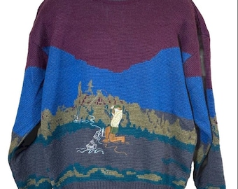 Vintage Buckingham Wollmischung Angeln bestickter Pullover Herren L