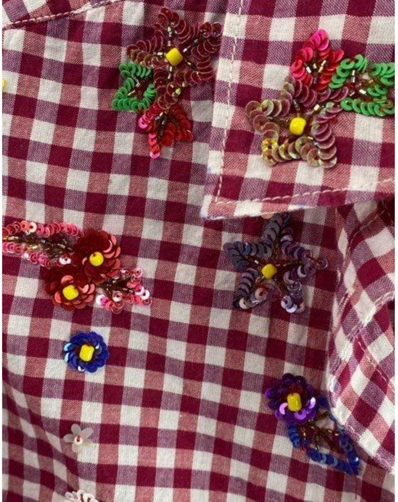 Women’s XS Maeve Red Gingham Sequin Beaded Shirt Anthropologie Size 4 image 6