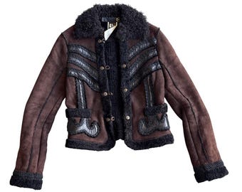 Just Cavalli by Roberto Cavalli Y2K 2005 Giacca in pelle scamosciata e montone realizzata in Italia