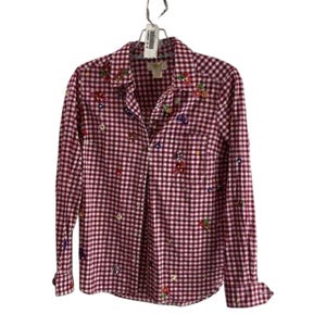 Women’s XS Maeve Red Gingham Sequin Beaded Shirt Anthropologie Size 4 image 1
