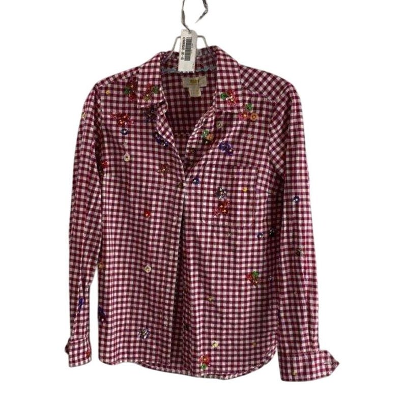 Women’s XS Maeve Red Gingham Sequin Beaded Shirt Anthropologie Size 4 image 1