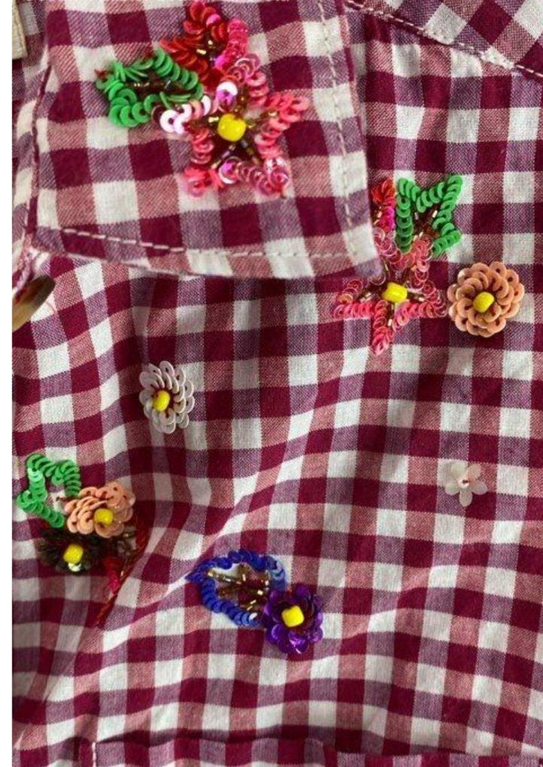 Women’s XS Maeve Red Gingham Sequin Beaded Shirt Anthropologie Size 4 image 5