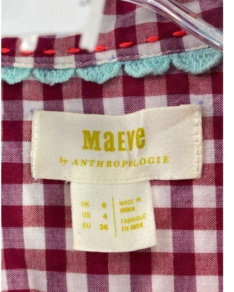 Women’s XS Maeve Red Gingham Sequin Beaded Shirt Anthropologie Size 4 image 2
