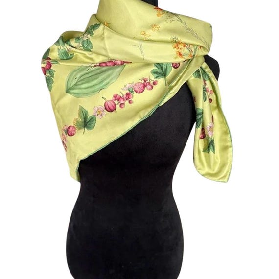 Tiffany & Co. Vintage Silk Scarf Green Floral Fruit Vegetable