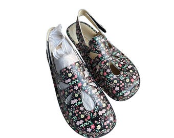 Alegria Savina Dark Floral Print Leather Mary Jane Comfort Shoe Women's EU 39