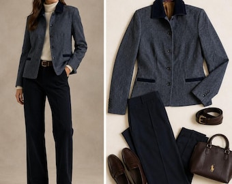 Vintage The Barn Herringbone Grauer Wollblazer mit Blauen Samtkragen Manschetten