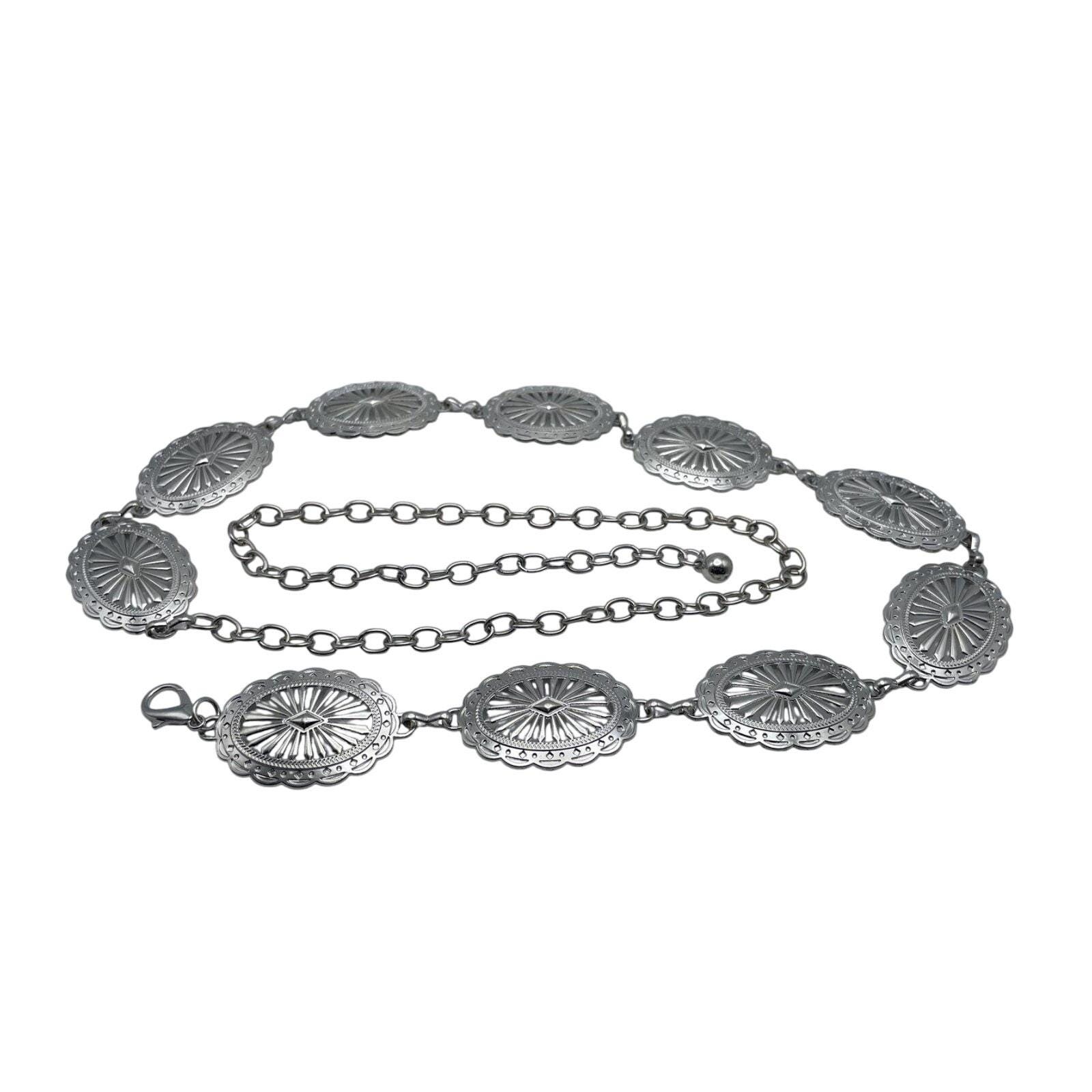 Vintage Silver Tone Floral Concho Chain Belt Southwestern Western Boho 33 Inch 80s 90s Metal Concho Belt | Faux Silver Southwest Cowgirl  main image 2