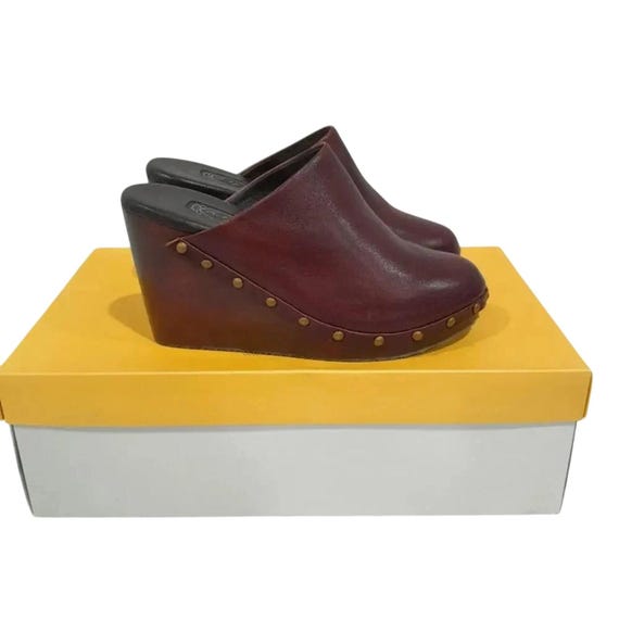 Women's Salpy Oxblood Leather Clog Heels Studded 70s Wedges