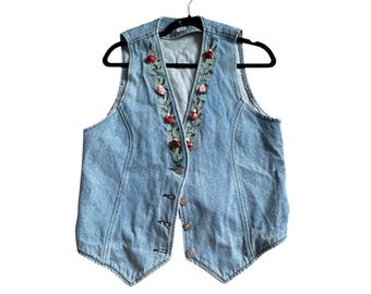 Vintage Apache Embroidered Denim Vest Floral Western M