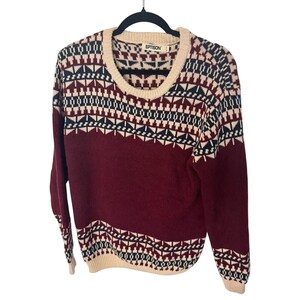 Suéter unisex Eptison Vintage 100 % algodón Fair Isle de punto burdeos y crema, talla M imagen 1