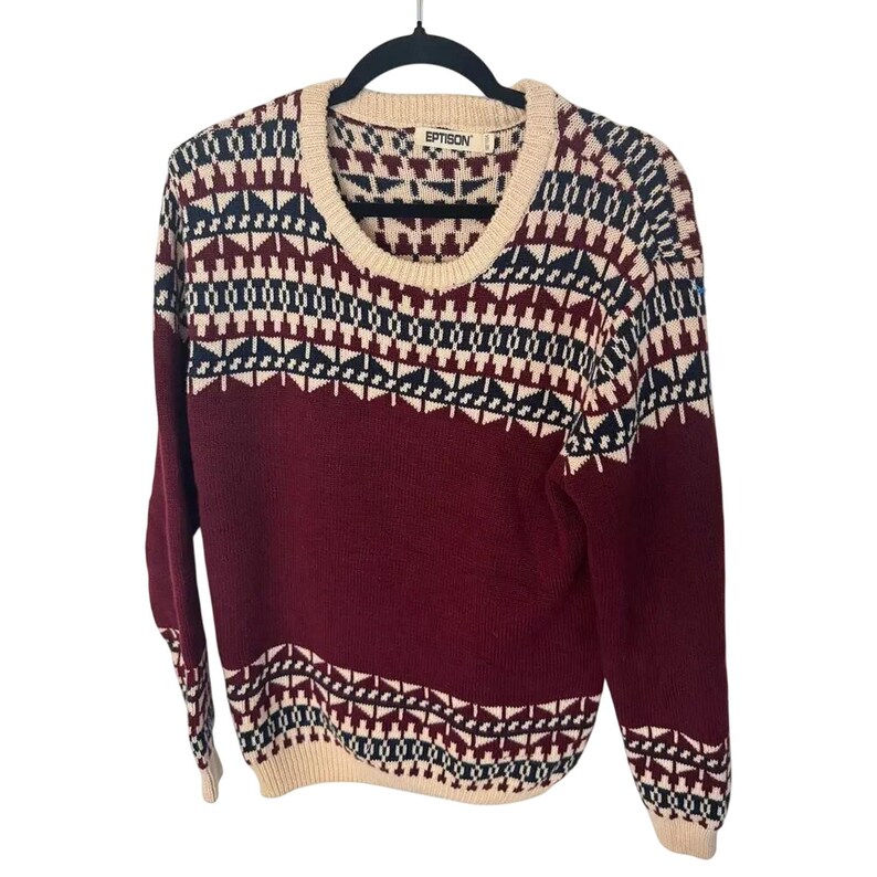 Suéter unisex Eptison Vintage 100 % algodón Fair Isle de punto burdeos y crema, talla M imagen 1