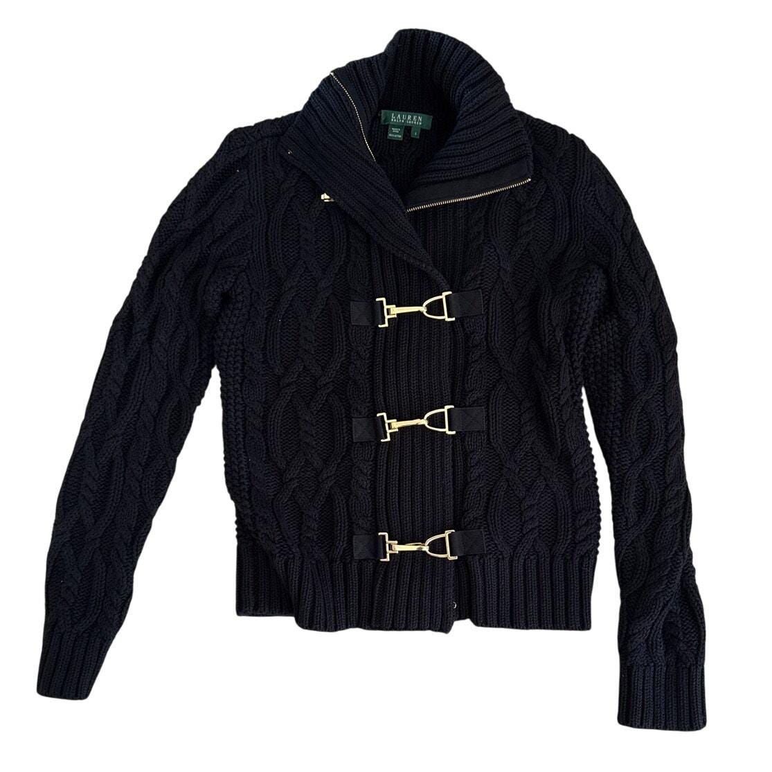 Women’s S Ralph Lauren Black Cable Knit Sweater Fireman Clasp Equestrian Preppy