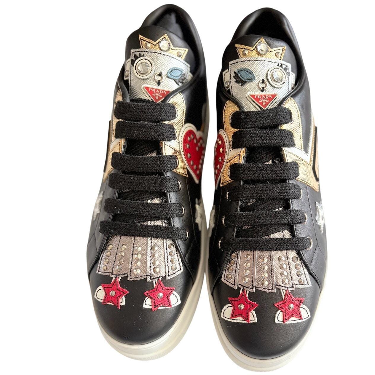 Prada Robot Sneakers Black Leather Appliqué Rare Avant Garde Sz 39 