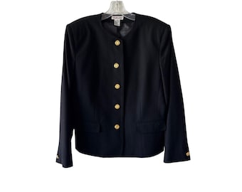 Vintage Talbots Black 100% Wool Collarless Blazer Gold Buttons Size 10 USA