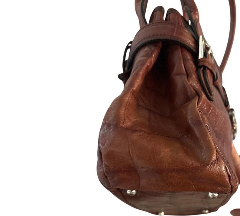 Vintage Brighton Brown Croc Embossed Leather Satchel Heart Lock Double Handle image 3