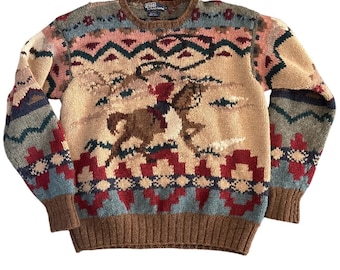 Vintage Polo Ralph Lauren Handgestrickter Pferdepullover aus Wolle