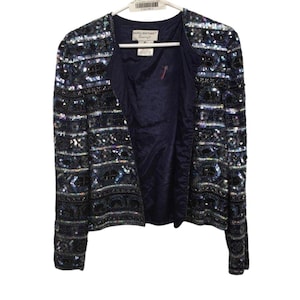 Women’s M Vintage Papell Boutique Sequin Beaded Silk Jacket Blue Formal Jacket