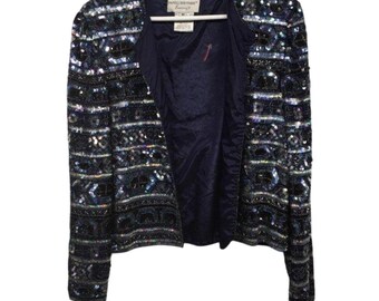 Women’s M Vintage Papell Boutique Sequin Beaded Silk Jacket Blue Formal Jacket