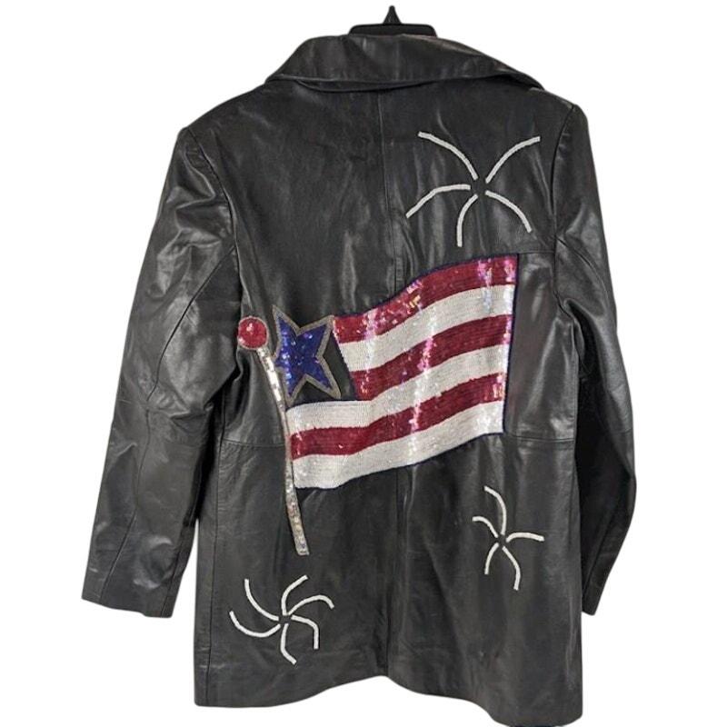 Quacker Factory Vintage USA Flag Leather Jacket With Sequin