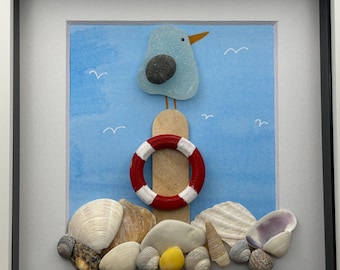 Cornish Sea Glass Art: Möwe, Muscheln, Rettungsring Küstenrahmen Wohndekor
