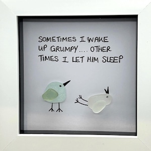 Puede incluir: Una obra de arte enmarcada con el texto "SOMETIMES I WAKE UP GRUMPY.... OTHER TIMES I LET HIM SLEEP." Se representan dos pájaros de vidrio marino, uno de pie y otro tumbado. El marco es blanco.