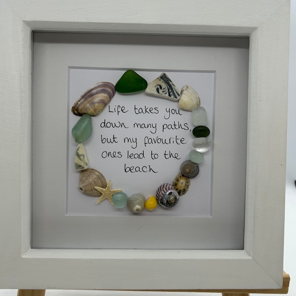 Sea Glass Art Frame Quote Favourite Path to the Beach . Shell Art Home Decor. Unique Original Artwork. Cornish Coastal Beach Art