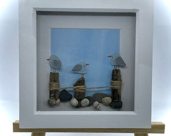 Cornish Sea Glass Art Frame Seagull Seagulls on Driftwood Coastal Scene Framed Handmade Cornwall Seaglass Beach Art. Unique Original Artwork