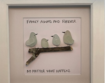 Seeglas Familie, Kunstrahmen, Vögel auf Treibholz, Handmade Geschenk