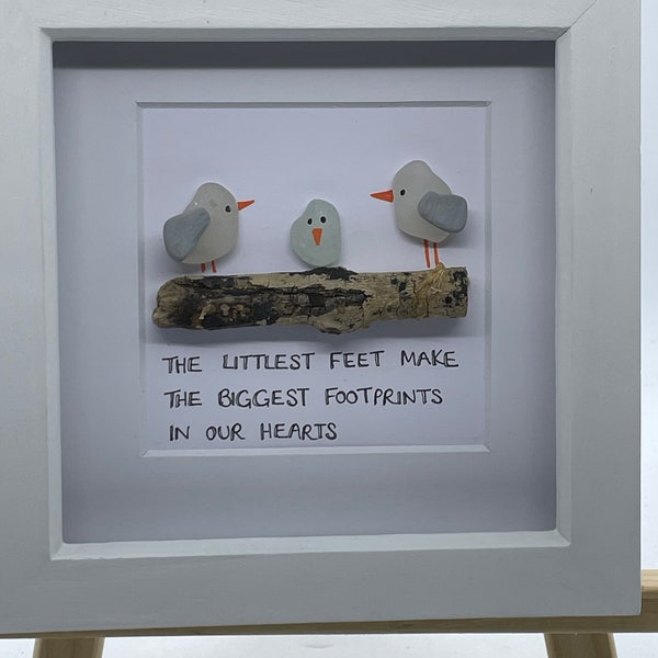 Sea Glass Art Frame New Baby Quote Littlest Feet Family Picture Cornish Drift Wood Handmade, Cornwall Gift Birds Christening Unique Birth