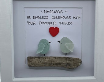 Seeglas Vogel Kunst, lustiges Hochzeitszitat, Kornischer Treibholzrahmen