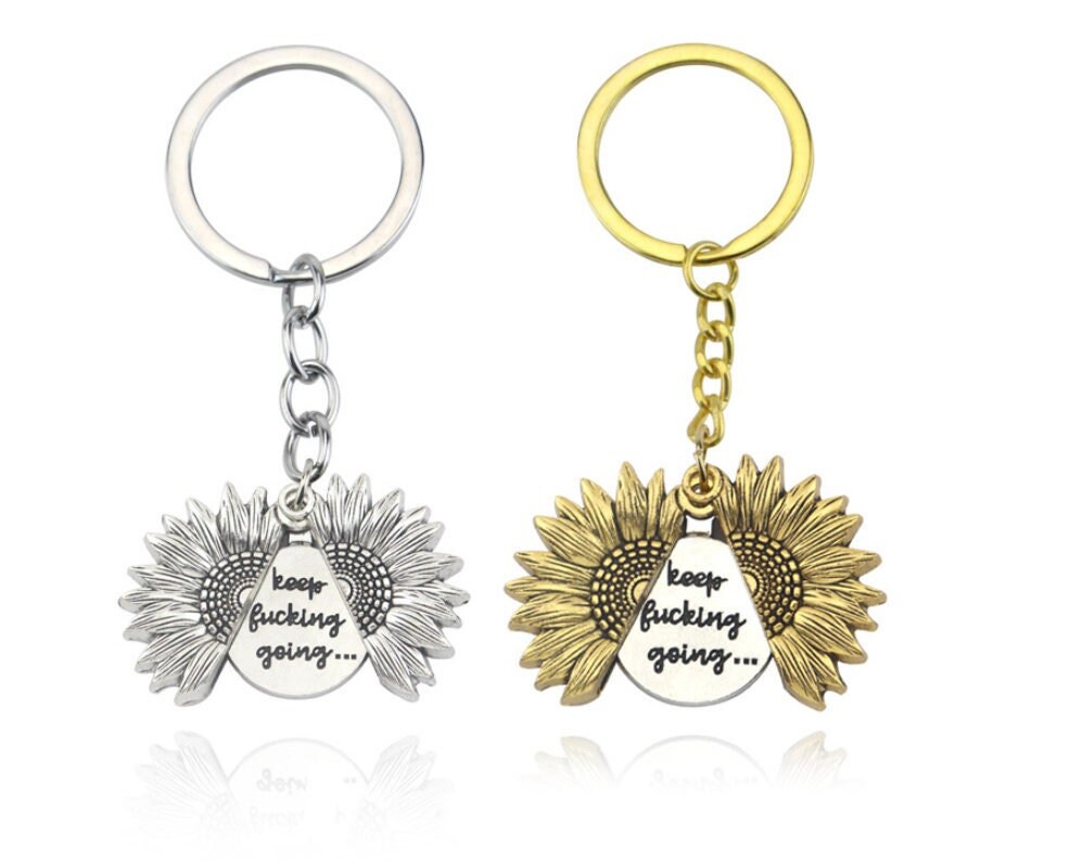 SOULSIS Keep Fucking Going Engraved Inspirational Keyring Personalized Memorial Sunflower Locket Keychain 