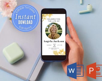 Memorial Service Digital Invite, Word Electronic Funeral Tribute, Celebration of Life For Women, Golden Invite, PowerPoint Funeral Notice