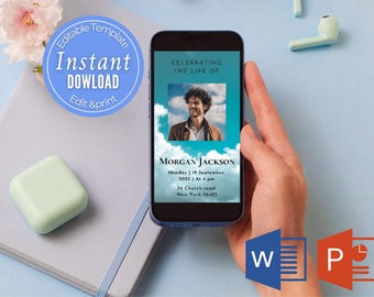 Modern Digital Funeral For Men Invite, Blue Sky, PowerPoint Memorial Service E-invite, Editable Electronic Remembrance Card, Word Evite