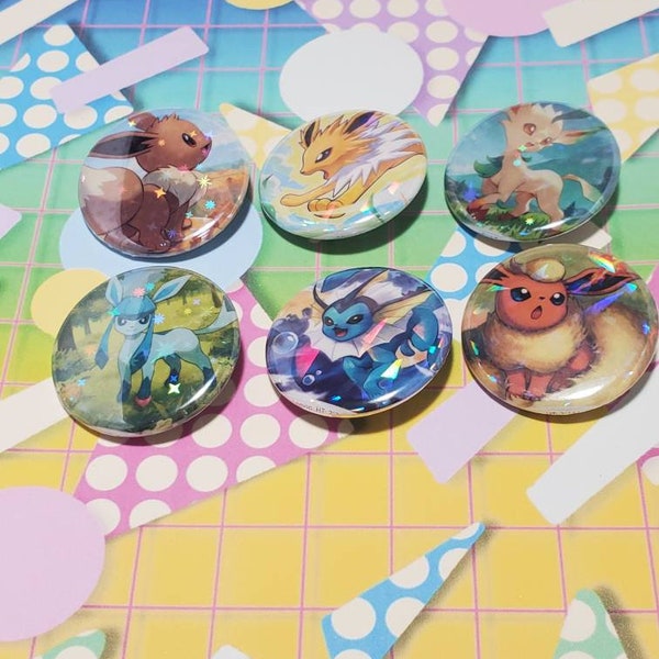6 pack 1.25 inch Pokémon Eeveeloution Holo pin back buttons