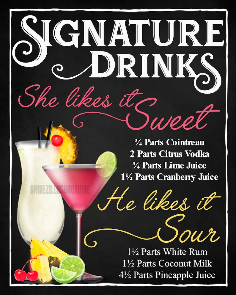 Wedding Signature Drink Sign Bar Menu Cosmopolitan Pina