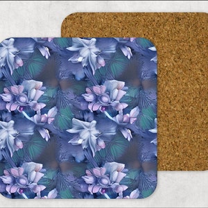 Set of hand printed wooden coasters -3D Moody Indigo Flowers, square coasters, coffee coasters, novelty coasters, drink coasters