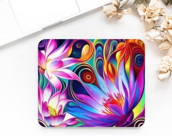 Gedrukt Psychedelisch bloemenontwerp Antislip muismat. Laptop, kantoor, Ipad, pc, gaming, thuiskantoor, computer, cadeau