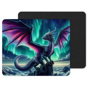 May include: A purple and black dragon with outstretched wings stands on a rocky peak, with a green and blue aurora borealis in the background.