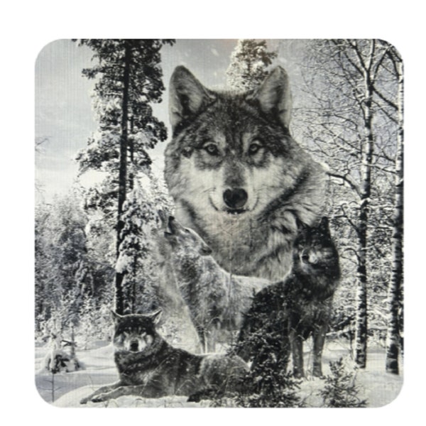 Set of 4 hand printed wooden coasters - Winter Wolf