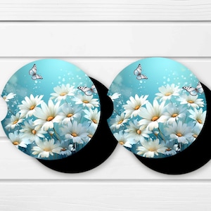 Premium Neoprene Car Coasters | Drink Holders for Your Car Console - Set of 2 Delicate Daisy Design