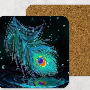Set of 4 hand printed wooden coasters - Peacock Feathers design, coffee coaster, drink coaster, novelty coaster, tea coaster