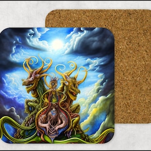 May include: A colorful, surreal painting of three fantastical creatures with multiple eyes and horns, set against a backdrop of swirling clouds and a bright blue sky.