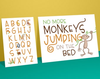 Animal Alphabet Print, Monkeys Jumping on the Bed Print, Monkey Wall Art, Alphabet Wall Art, Monkey Alphabet