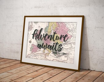 A aventura espera, pôster de citação de viagem, citação de viagem para impressão, impressão de arte de viagem, arte de inspiração de viagem, arte Wanderlust, arte de parede de viagem