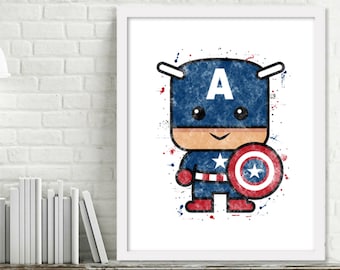 Afdrukbare superheld kwekerij Art, Mini superheld aquarel Art, superheld slaapkamer, Captain America aquarel Print, Captain America Print