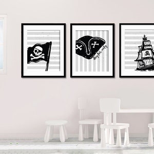 Pirate Nursery Decor Wall Art Print Set of 3 Nursery Art Set Pirate Prints Pirate Ship Nursery Wall Art Pirate Flag Printable Pirate Art